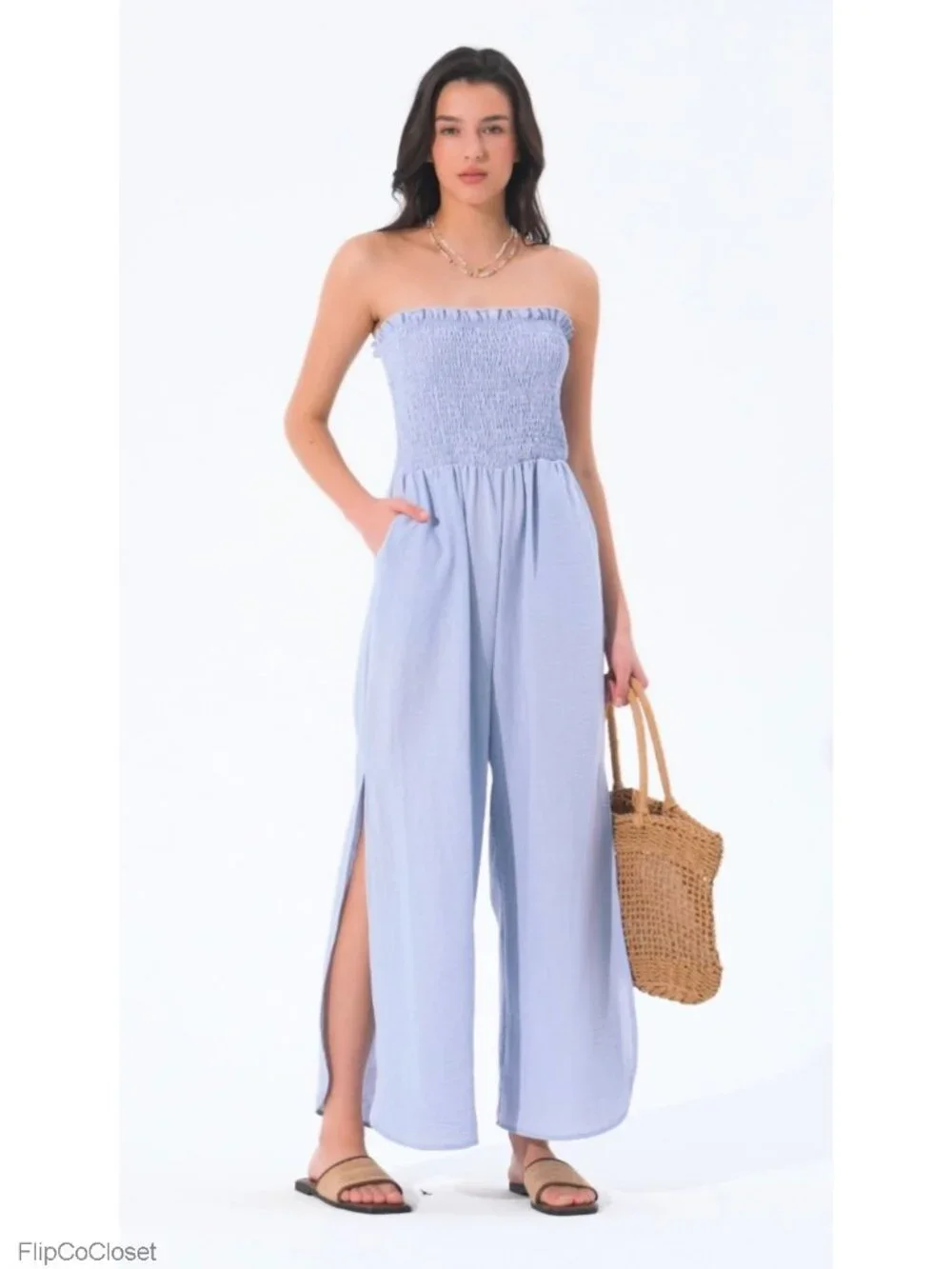 Women's Linen Blend Strapless Wide Leg Jumpsuit Romper Resort Vacation